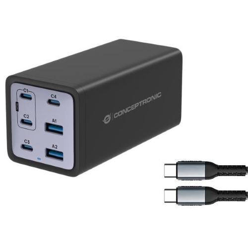 CONCEPTRONIC OZUL06BE CARICBATTERIE DA RETE PD USB GaN 200 W 6 PORTE (4X USB-C, 2X USB-A, QC 3.0, PD 3.1, PPS) CON CAVO DI RICARICA USB-C NERO